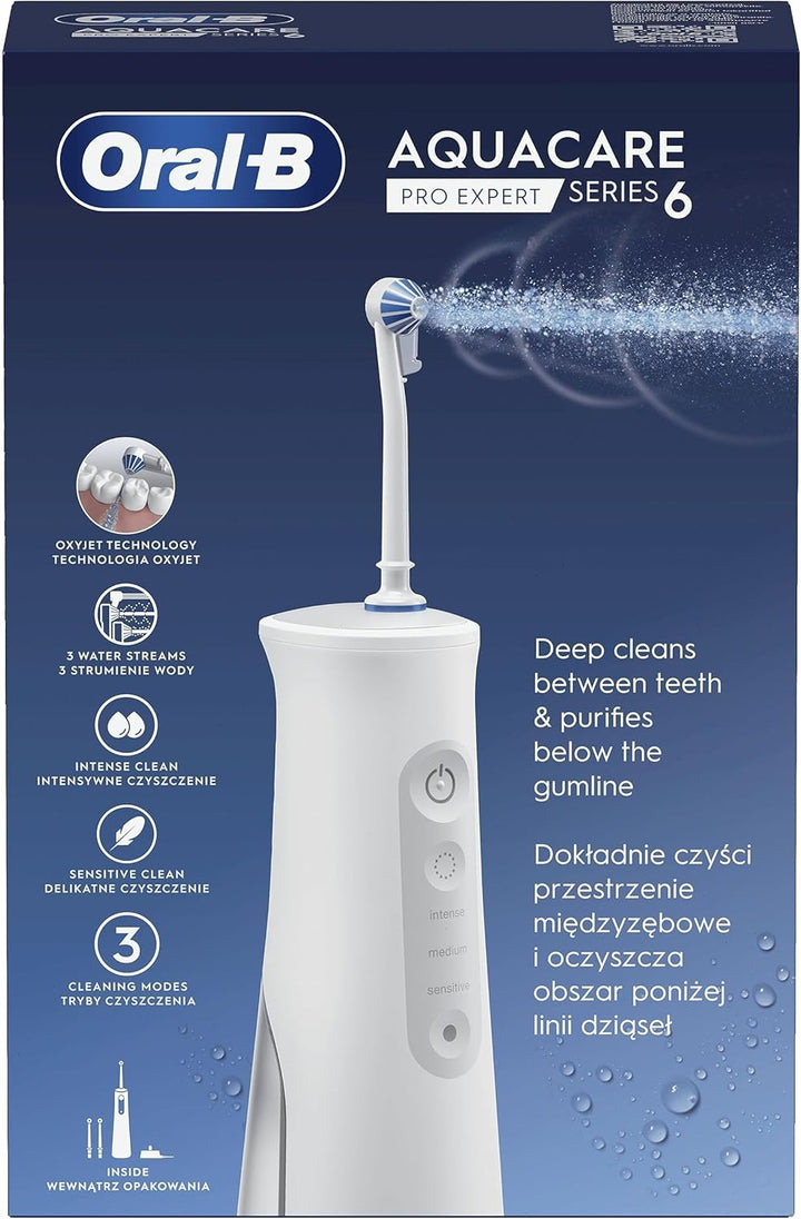 Oral-B AquaCare Pro-Expert Serie 6 Irrigator mit Oxyjet-Technologie, 3 Endstücke, 2 Arten von Wasser