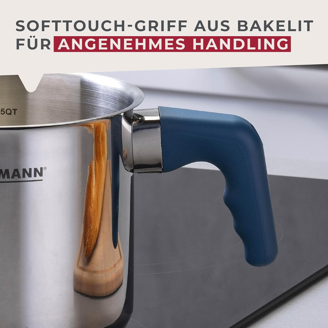 Fackelmann Milchtopf Essential Ø 14 cm aus Edelstahl mit ergonomischem Bakelit-Griff und praktischer