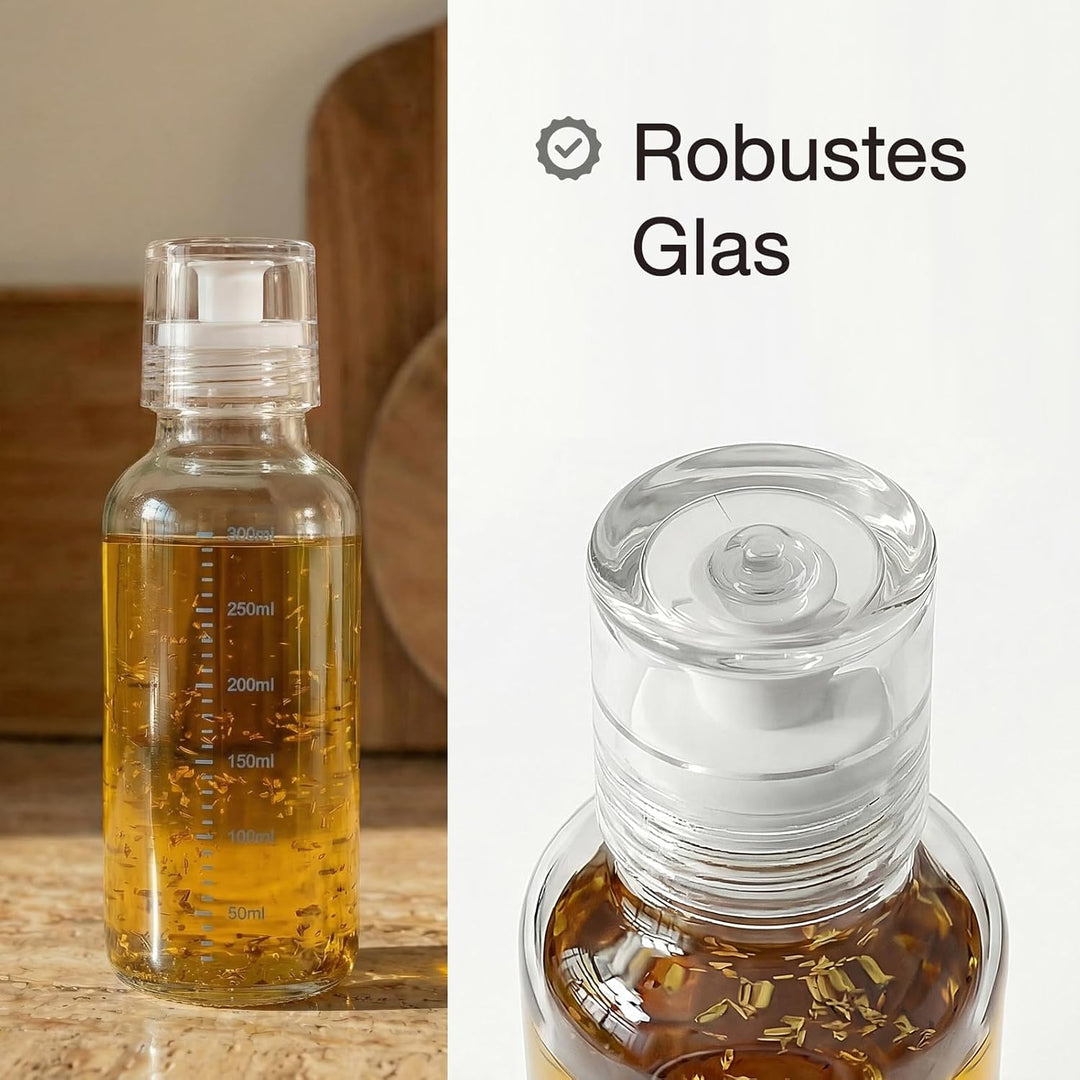 Dressingshaker aus Glas mit Skalierung 300ml | Dressing Behälter mit tropffreien Ausguss, spülmaschi