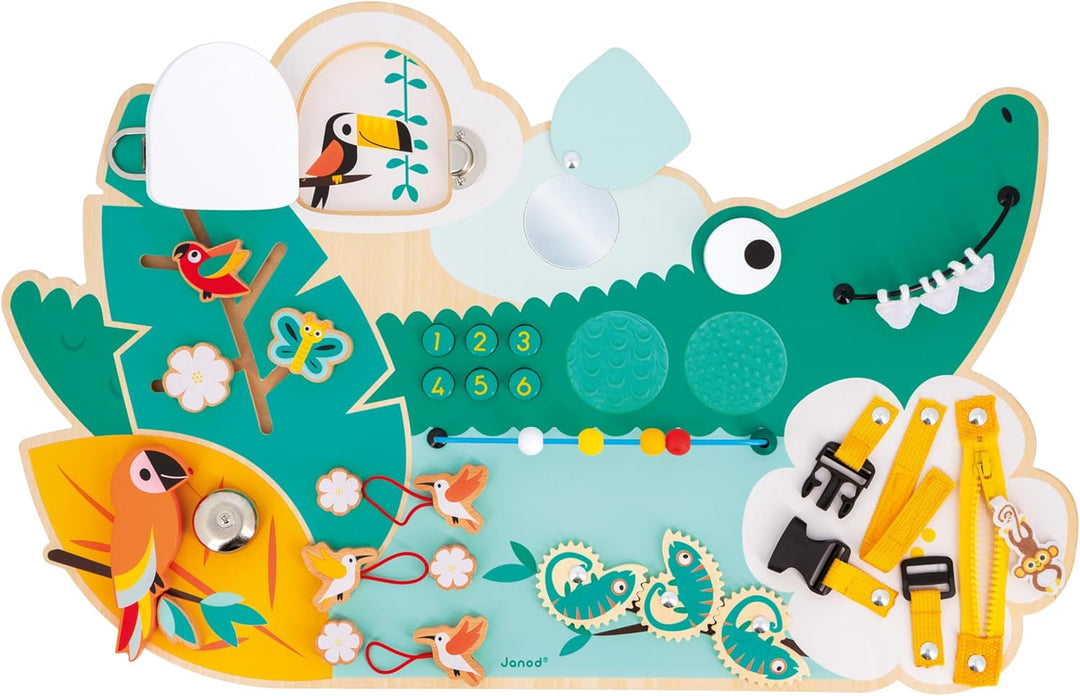 Janod - Busy Board Croco - Activity Board - Thema Dschungeltiere - 14 Aktivitäten - Kinderspielzeug