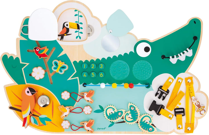 Janod - Busy Board Croco - Activity Board - Thema Dschungeltiere - 14 Aktivitäten - Kinderspielzeug