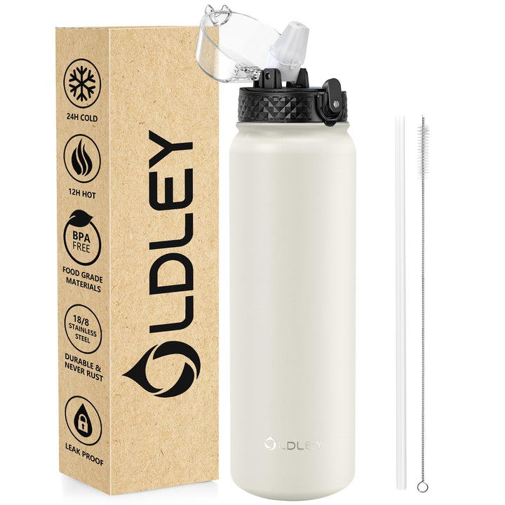OLDLEY Edelstahl Trinkflasche mit Strohhalm, 1L Isolierte Trinkflasche, Thermosflasche BPA-freie - A
