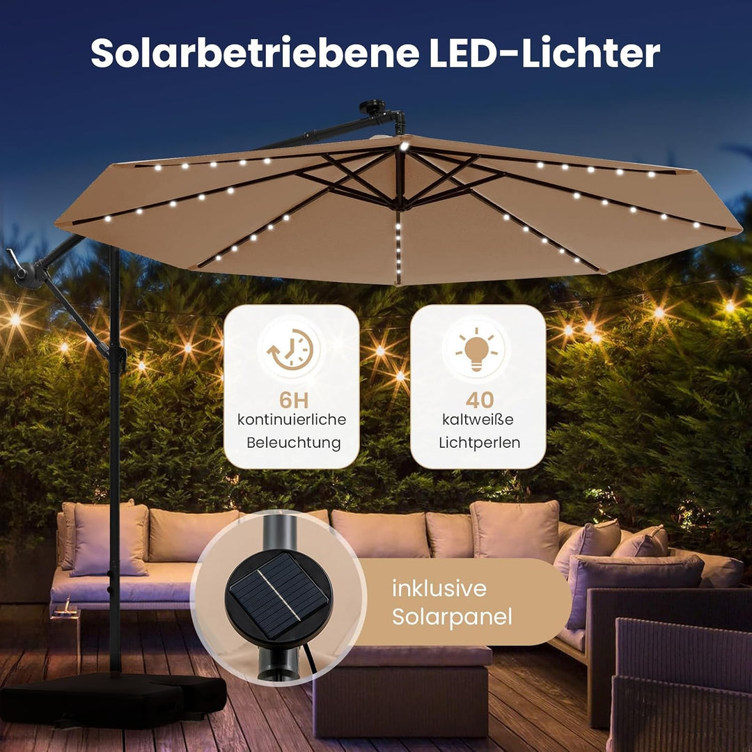 COSTWAY 300 cm Sonnenschirm mit Ständer und LED-Leuchten, Ampelschirm mit Kurbel, Gartenschirm, UV-S