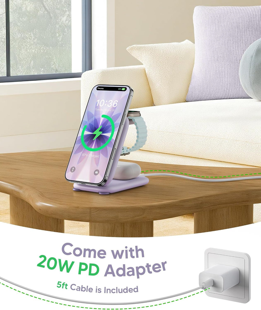 Mukiya Magnetisch Ladegerät Kabellose Ladestation für Apple-Geräte, 3-in-1-zum faltbar magnetischer