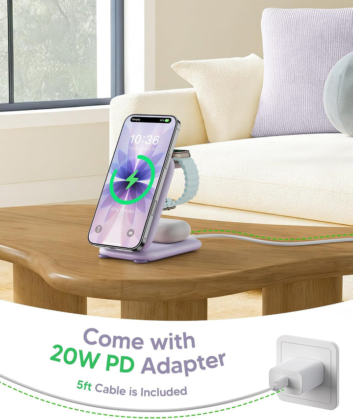 Mukiya Magnetisch Ladegerät Kabellose Ladestation für Apple-Geräte, 3-in-1-zum faltbar magnetischer