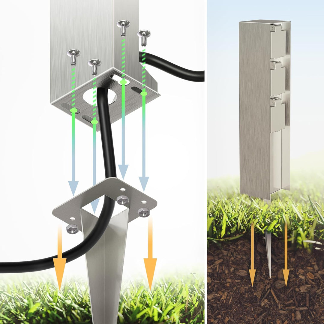 ledscom.de Garten-Steckdosen-Säule POMI mit Erdspiess für aussen, IP44, 3-Fach, Edelstahl, eckig, 33