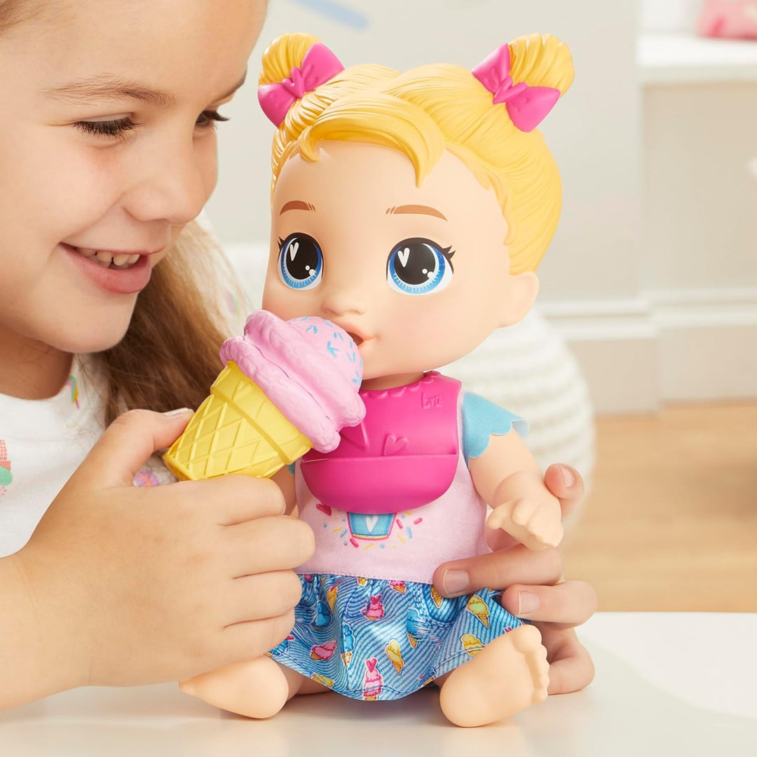 Baby Alive Süsses Schleckerbaby Harper Hugs Puppe mit Spiel-Lebensmitteln, Blonde Haare, 28 cm, Spie