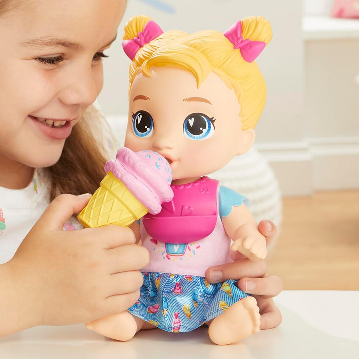 Baby Alive Süsses Schleckerbaby Harper Hugs Puppe mit Spiel-Lebensmitteln, Blonde Haare, 28 cm, Spie