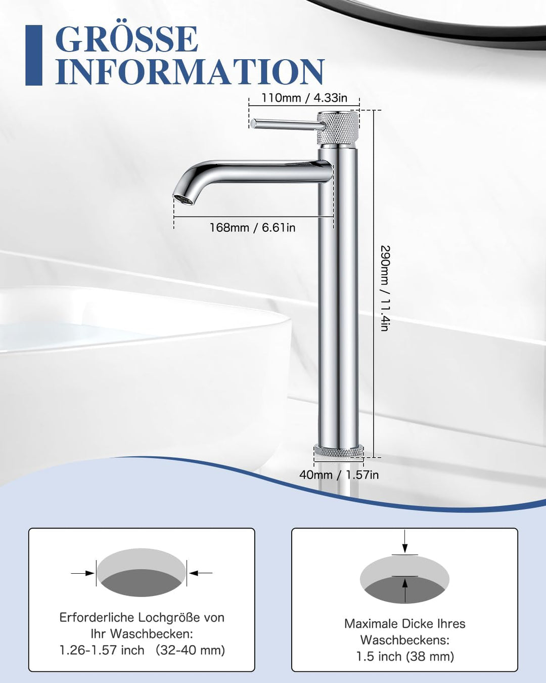 Wasserhan Bad Hoch Waschbecken Armatur Waschtischarmatur Einhebelmischer Einhand Mischbatterie Chrom