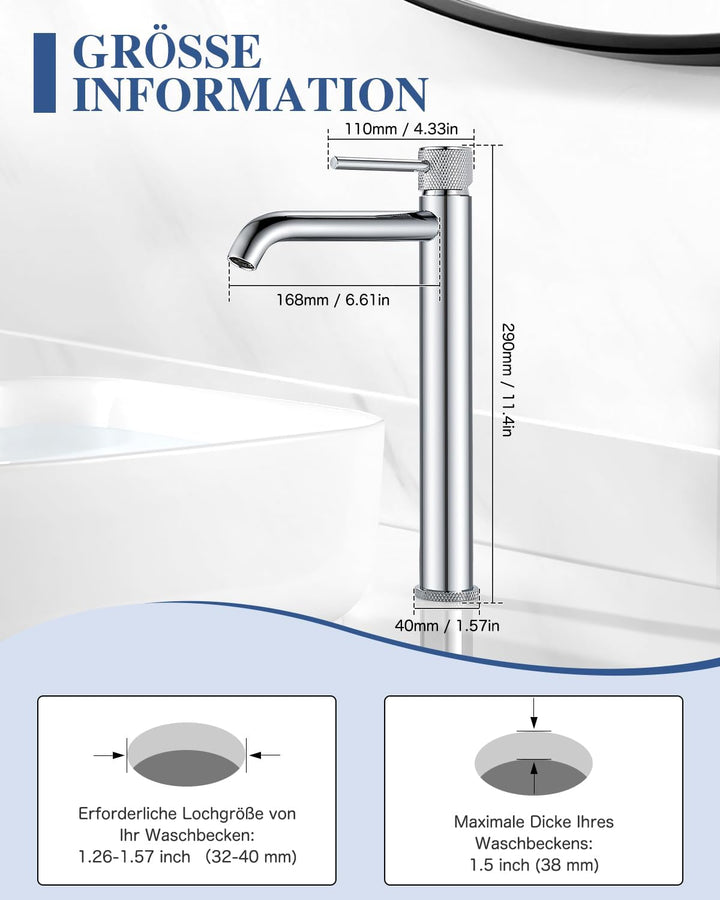 Wasserhan Bad Hoch Waschbecken Armatur Waschtischarmatur Einhebelmischer Einhand Mischbatterie Chrom
