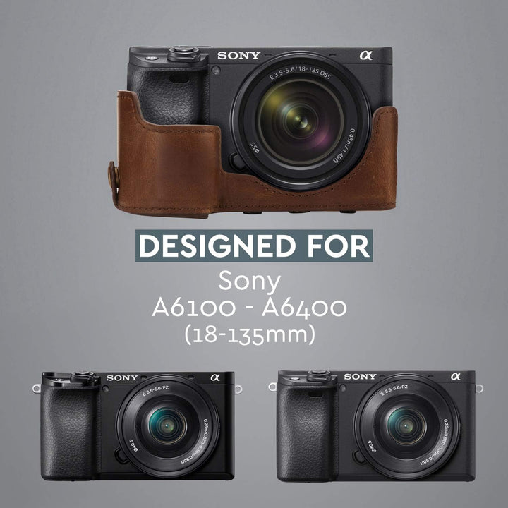 MegaGear Ever Ready Leder Kameratasche mit Trageriemen kompatibel mit Sony Alpha A6100, A6400 (18-13