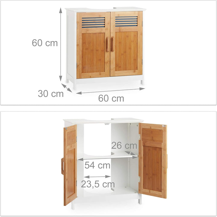 Relaxdays Waschbeckenunterschrank, Bambustüren, höhenverstellbarer Boden, Siphon-Aussparung, HBT: 60