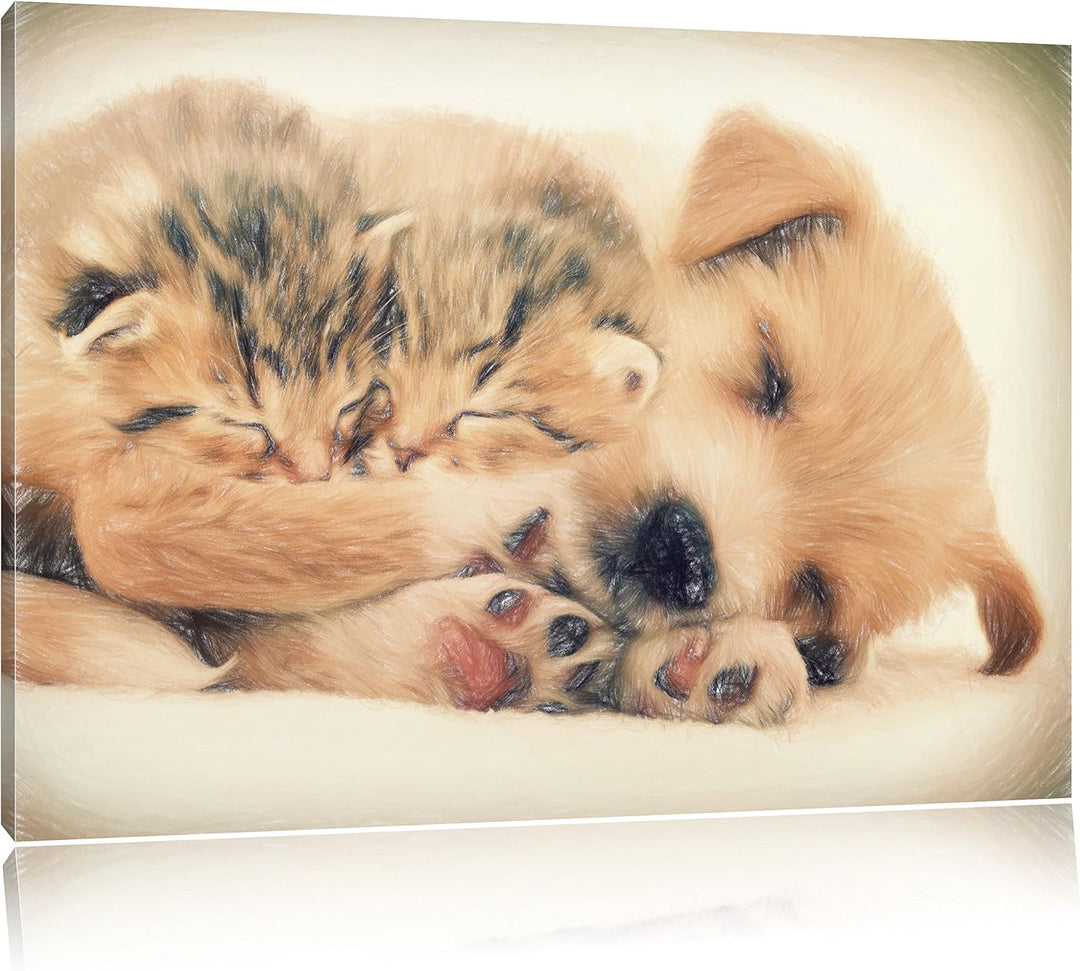 Pixxprint Hundewelpe mit kleinen Kätzchen / 100x70cm Leinwandbild bespannt auf Holzrahmen/Wandbild K