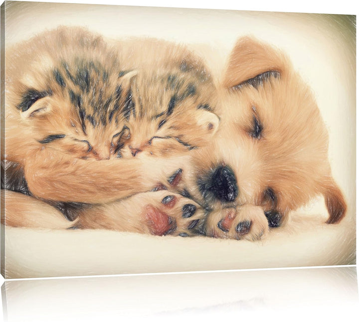 Pixxprint Hundewelpe mit kleinen Kätzchen / 100x70cm Leinwandbild bespannt auf Holzrahmen/Wandbild K