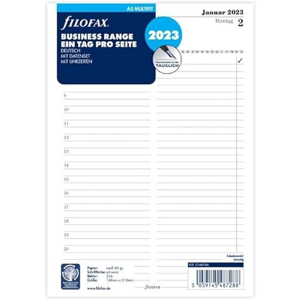 Filofax A5 Multi 1 Tag auf 1 Seite (deutsch)2023, 23-68546, White Single, Single