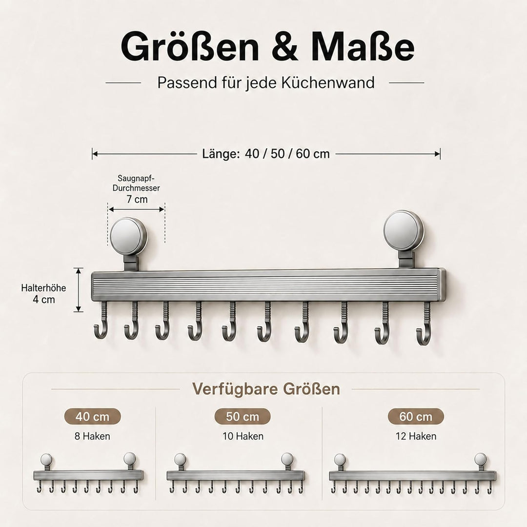 URMONA Hakenleiste Küche ohne Bohren mit Saugnapf | 8 Haken, 40 cm lang, bis 20 kg belastbar, selbst