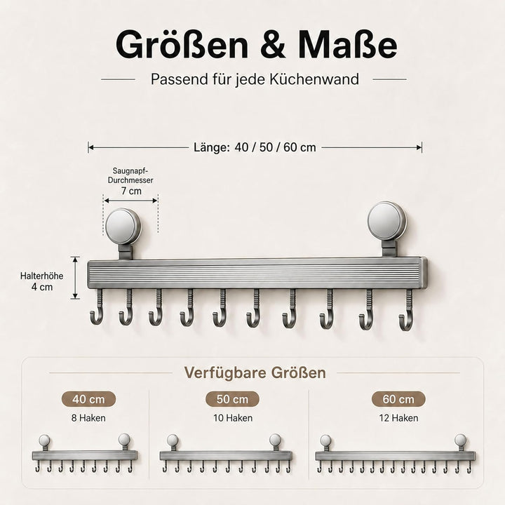 URMONA Hakenleiste Küche ohne Bohren mit Saugnapf | 8 Haken, 40 cm lang, bis 20 kg belastbar, selbst