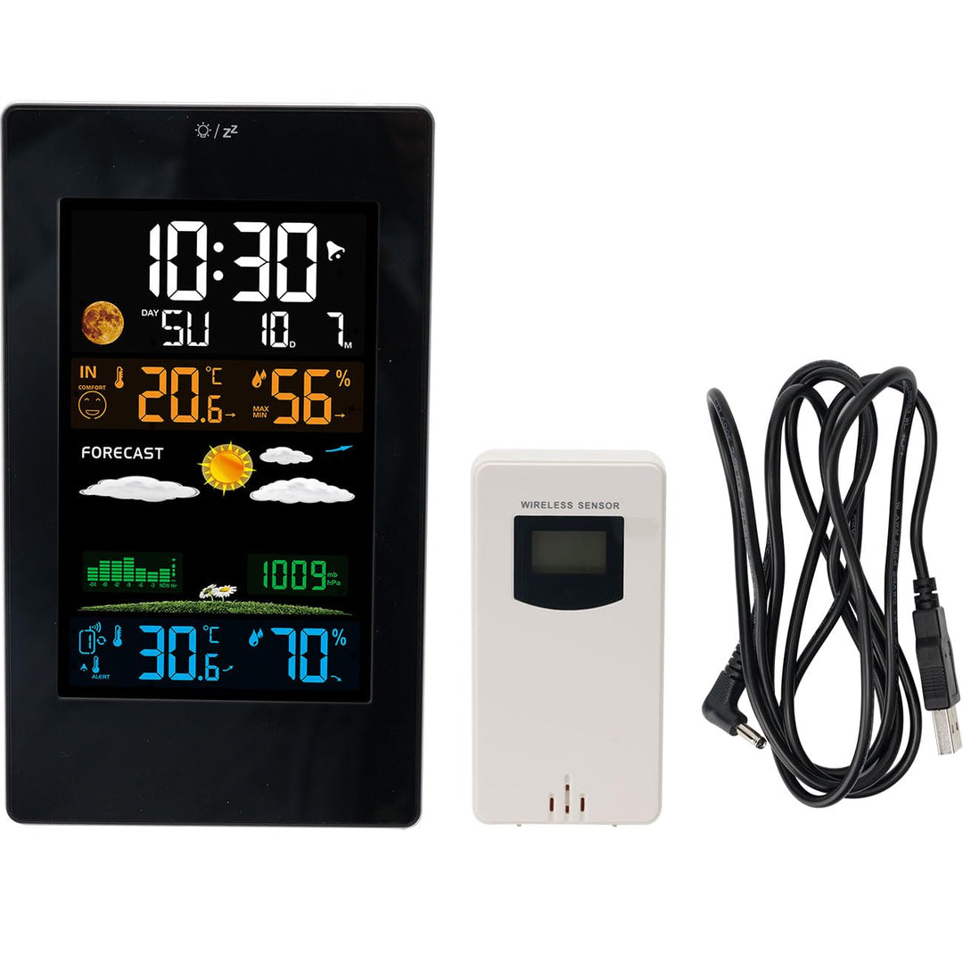Moderne Wetterstation mit LCD-Farbdisplay, Funk-Aussensensor, Wecker & USB-Ladeport – präzise Wetter