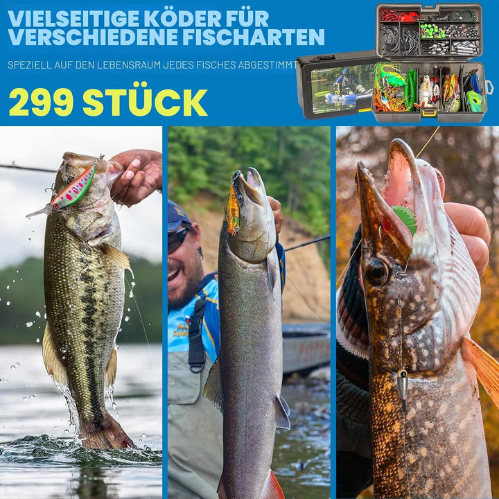 THKFISH Angelköder-Set, 299 Stück Angelzubehör Ausrüstung, Angelset Angelsachen Angelkoffer Köderbox