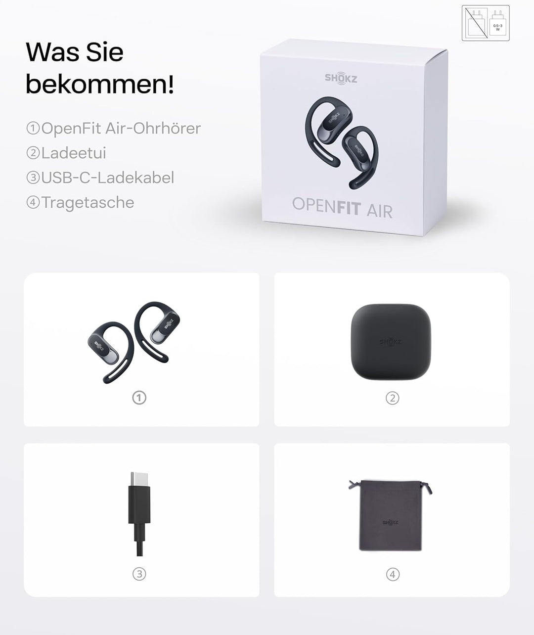 SHOKZ OpenFit Air Open-Ear-Kopfhörer, True Wireless Bluetooth-Ohrhörer mit Mikrofon, Ohrhörer mit Ai