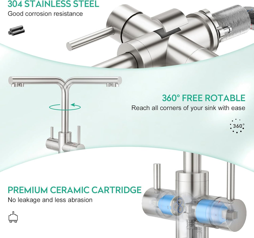 CREA 3 Wege Wasserhahn Küche, 360° Drehbar Küchenarmatur, 3 in 1 Mischbatterie für Wasserfilter, Tri