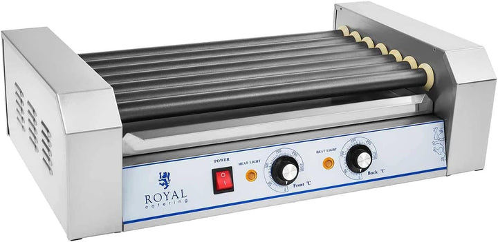 Royal Catering Hot Dog Grill - 7 Rollen, 12 Würstchen, Teflonbeschichtet, 1400 W, 2 Heizzonen, Edels