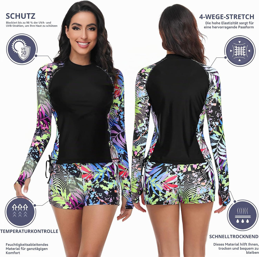 UNIQUEBELLA Rash Guard Damen, UV-Schutz UPF 50+ Langarm Surf Shirt mit Schönen Mustern Bademode Bade