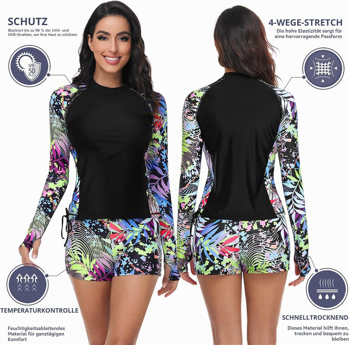 UNIQUEBELLA Rash Guard Damen, UV-Schutz UPF 50+ Langarm Surf Shirt mit Schönen Mustern Bademode Bade