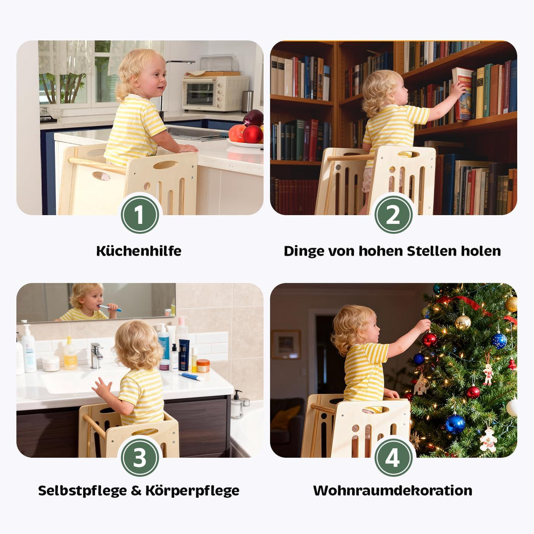 Kleinkind Tritthocker Kinderhocker, Toddler Tower & Lernhocker mit Sicherheitsbarriere, Kippschutz u