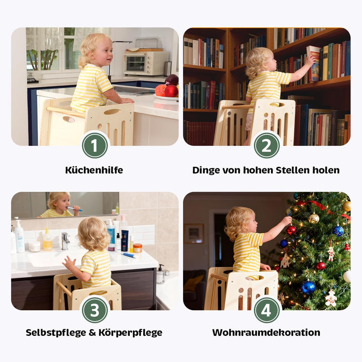 Kleinkind Tritthocker Kinderhocker, Toddler Tower & Lernhocker mit Sicherheitsbarriere, Kippschutz u