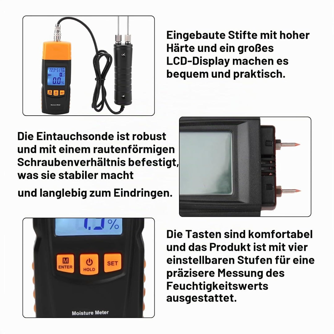 Feuchtigkeitsmessgerät Holzfeuchtemessgerät Pin-Typ LCD-Display Digital Einstellbare Temperatur Luft