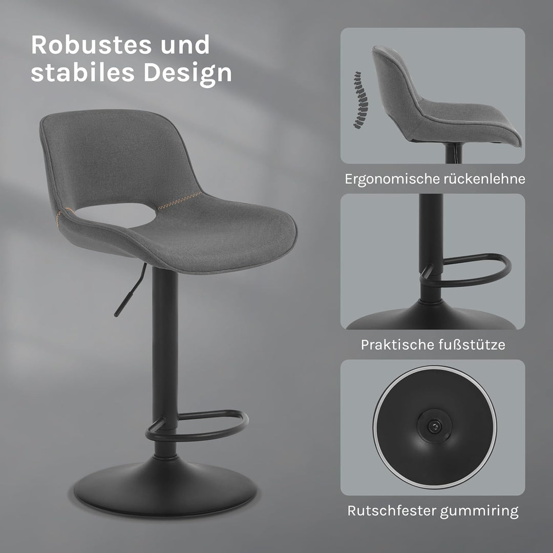 WOLTU Barhocker 2er Set, höhenverstellbar, mit Rückenlehne, Leinen, Grau | Barstuhl mit Fussstütze,