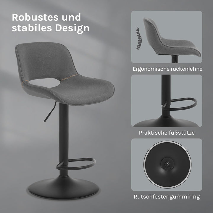 WOLTU Barhocker 2er Set, höhenverstellbar, mit Rückenlehne, Leinen, Grau | Barstuhl mit Fussstütze,