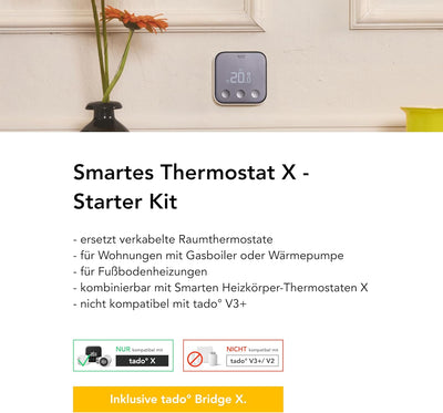 tado° Smartes Thermostat X – Starter Kit, verkabeltes Raumthermostat und Bridge X, Steuerung per App