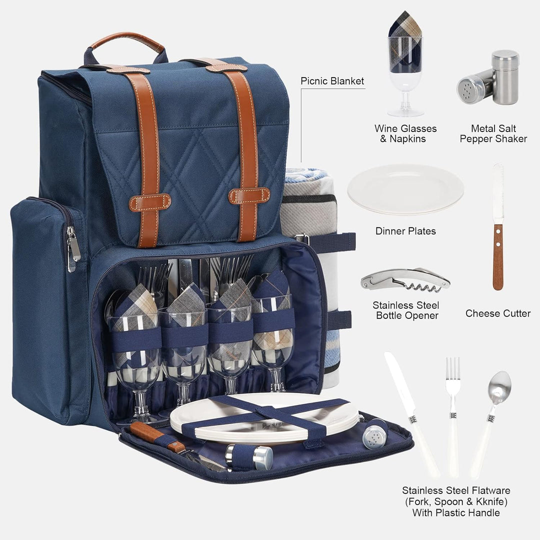 Picknick-Rucksack für 4 Personen mit grosser isolierter Kühltasche, Picknickkorb-Set mit Weinbeutel,