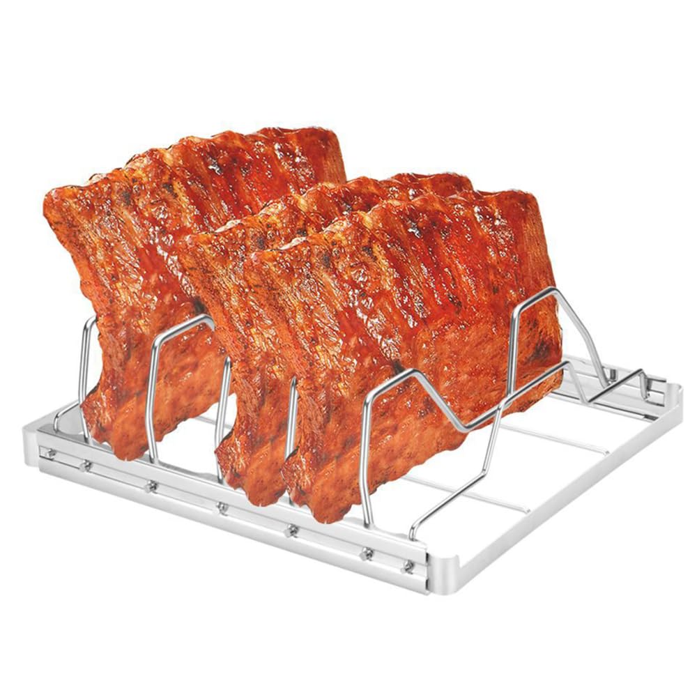 DONGKER Rippchenhalter Edelstahl, 1 Stuck Faltbarer Spareribshalter, Antihaft Spareribs Halter Grill