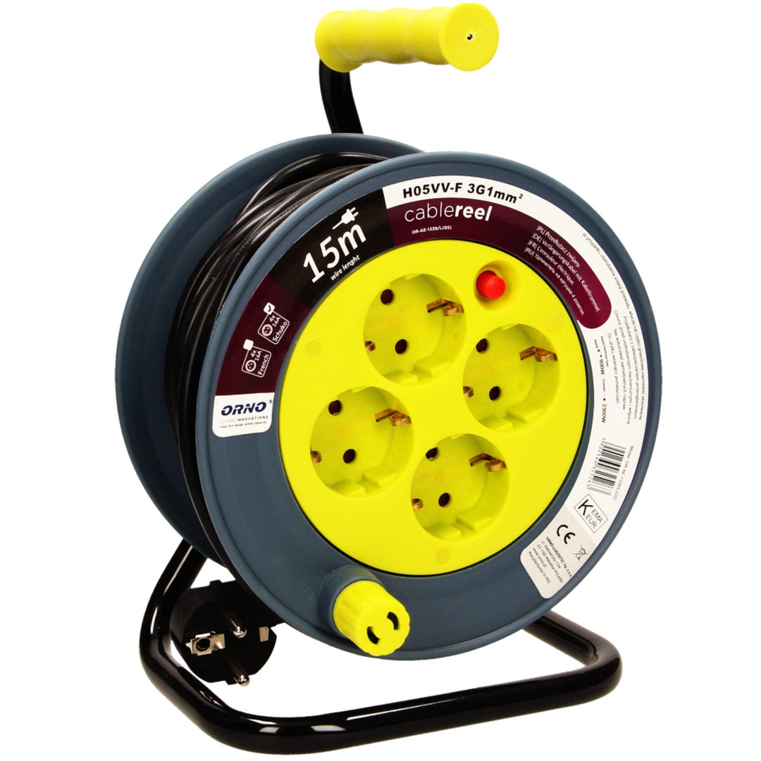 Orno AE-1339 Mini Kabeltrommel 15m mit 4 Steckdosen, Metallständer und Thermoschutz || 2300W / 10A,