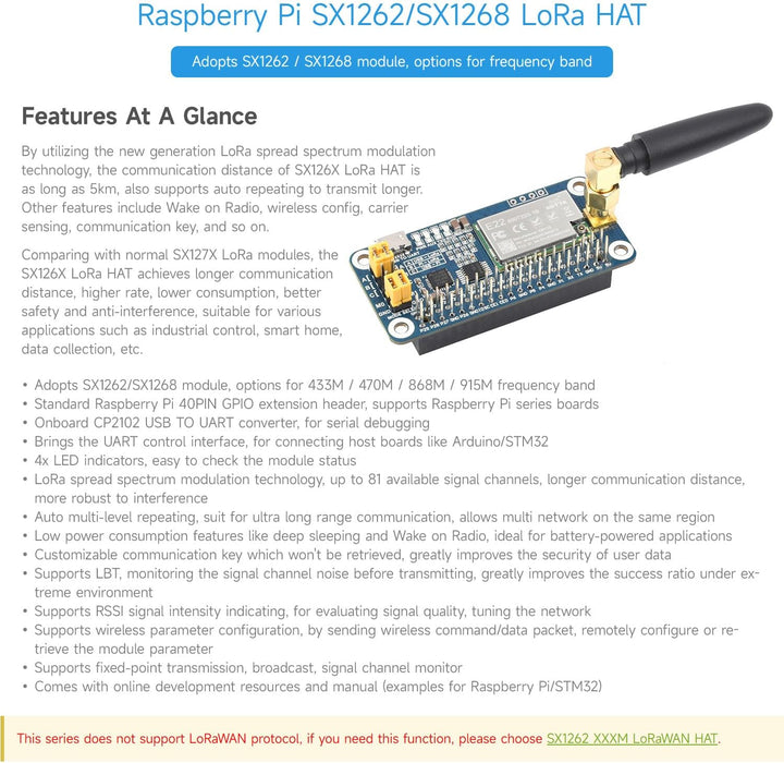 Waveshare SX1262 868M LoRa HAT, Compatible with Raspberry Pi, for Europe/Asia/Africa