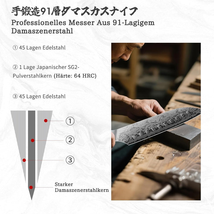 SHAN ZU Damast Santokumesser, 18cm Japanisches Küchenmesser aus SG2-Pulverstahl, Handgeschmiedetes P