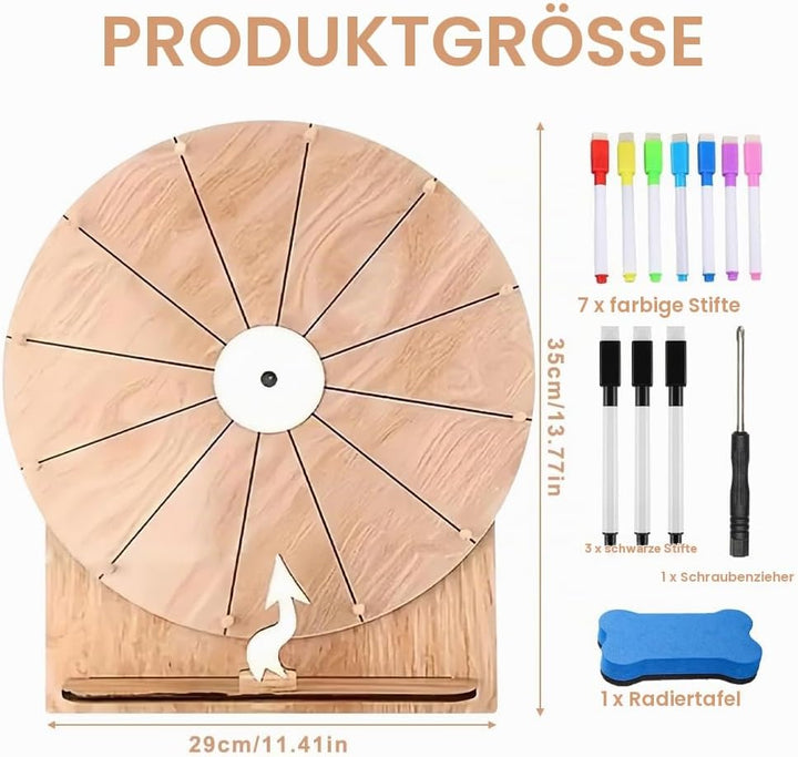 Glücksrad zum Drehen, 12 Steckplätze Gluecksrad Holz, 30CM Glücksrad mit Trocken Abwischbarem Marker
