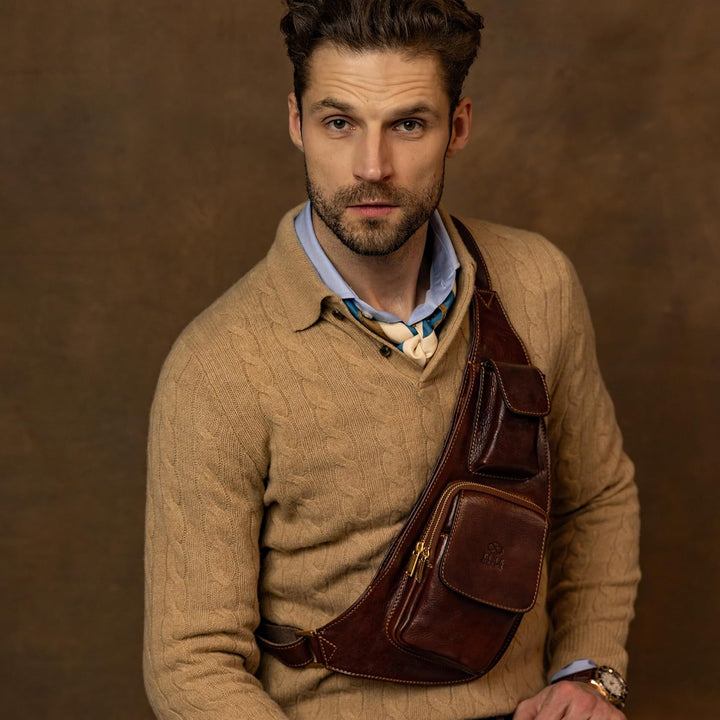 Time Resistance Brusttasche Leder - Damen und Herren Bauchtasche - Sling Bag - 100% Leder - Italieni