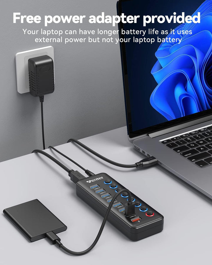 WENTER USB Hub 3.0 Aktiv, 11 Ports 36W (12V / 3A) Netzteil, USB 3.0 Mehrfach Ports Verteiler mit LED