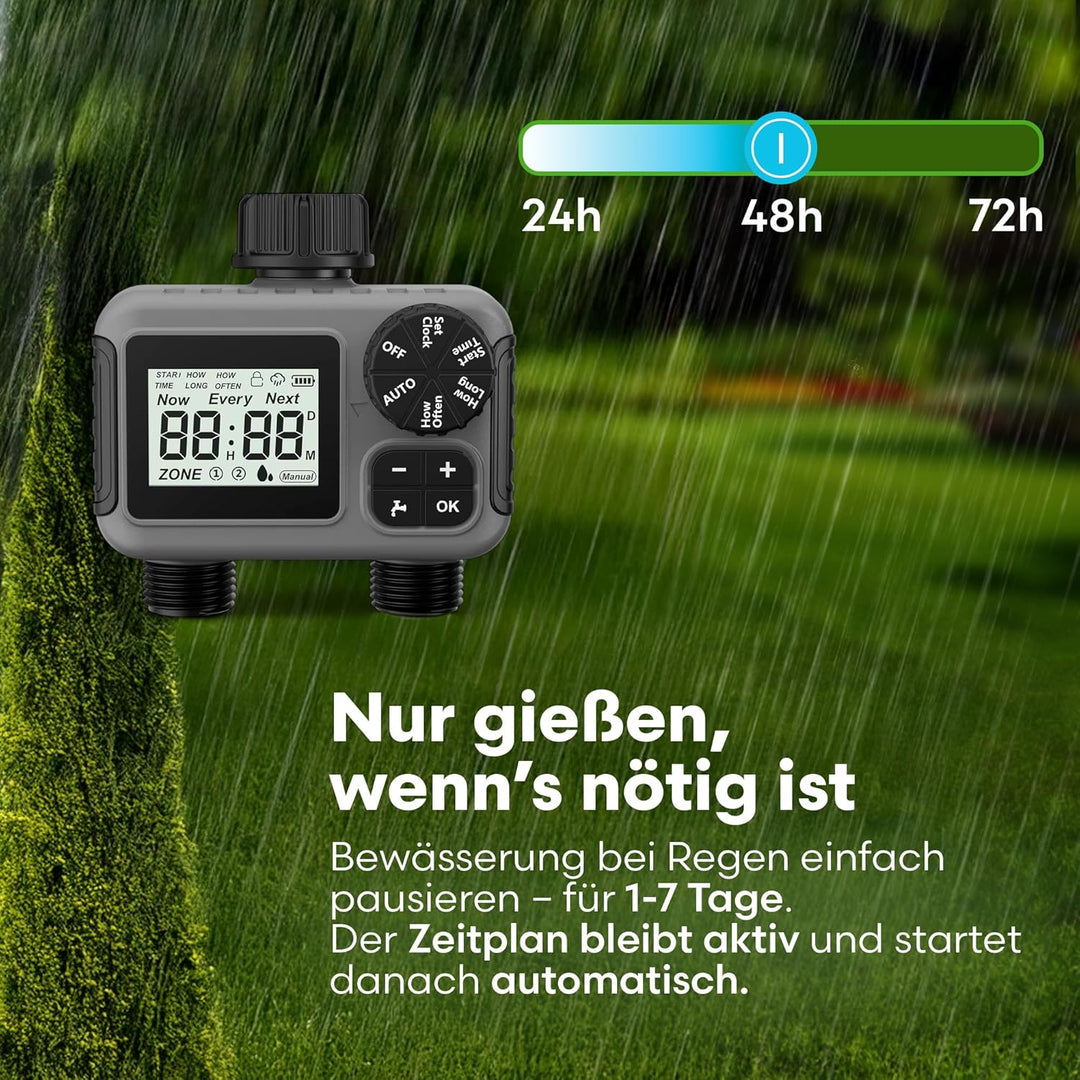 rainfactory Zeitschaltuhr mit 2 Ausgängen, IP55 wasserdicht, Regenverzögerung, Digitale Zeitschaltuh
