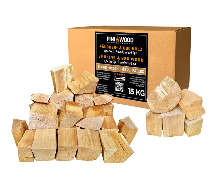 PINI Räucherholz Smokerholz Grillholz BBQ-Holz Wood Chunks Buchenholz OHNE RINDE 15 kg für Smoker Gr