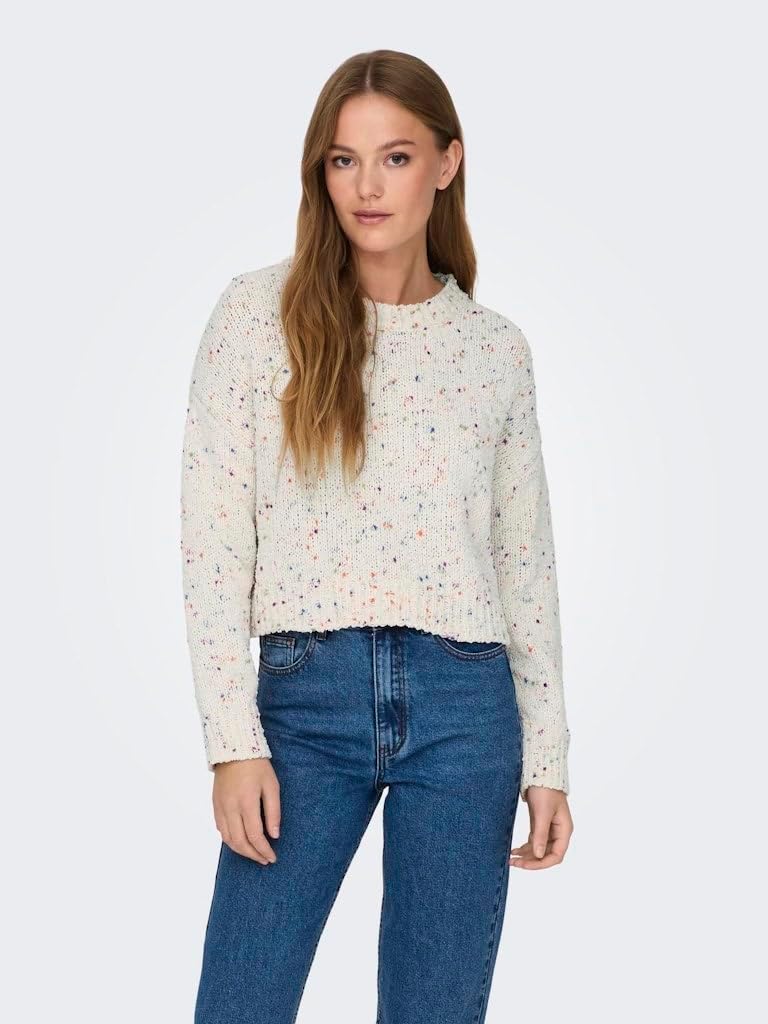 PIECES Damen Onlgracie Ls O-neck Bf Knt L Cloud Dancer/Detail:multi Melange Dots, L Cloud Dancer/Det