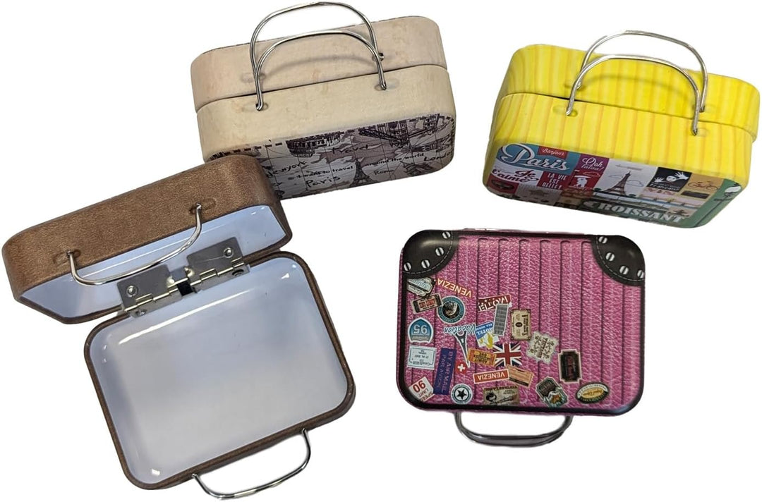 4er Set Blechdose Kleine Reise-Koffer, für Schokolade Pralinen Mitgebsel, Masse: 7,5 x 5,5 x 3,5 cm.