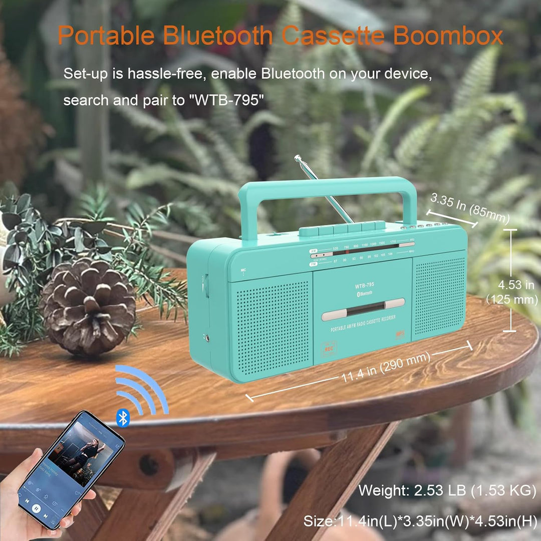 WTB-795 Retro Kassettenspieler mit USB/Bluetooth/AM/FM-Radio-Stereo, integriertem Mikrofonrecorder,