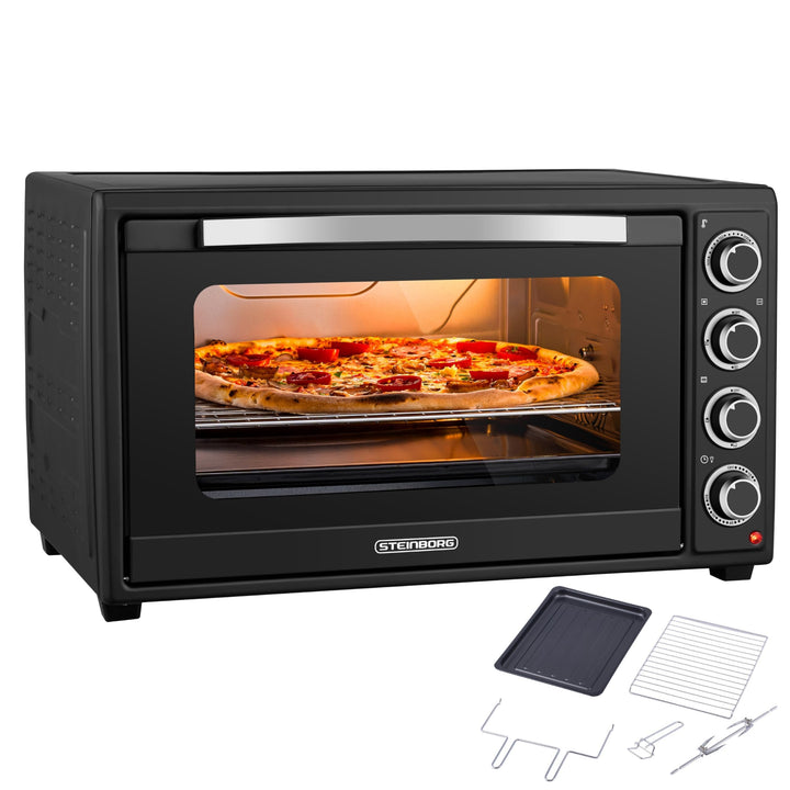Steinborg® Mini Backofen 60 Liter mit Umluft & Drehspiess, 2000W Tischbackofen gross XXL, 100–230°C,