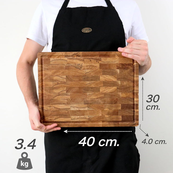 B4K® 40х30х4cm Küchenbrett aus Eiche Stirnholz | Antibakterielles Hirnholzbrett mit Griffen, Silikon