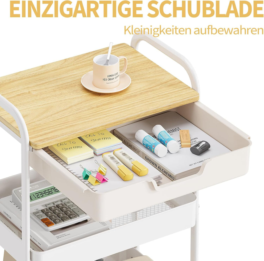 KINGRACK Aufbewahrungswagen 3-Ebenen mit Tischplatte, Multifunktionswagen aus Metall für Küche, Haus